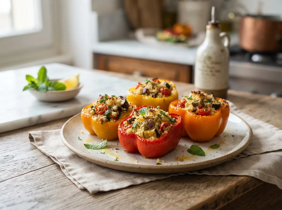 Peperoni gialli e rossi farciti con cous cous colorato di verdure