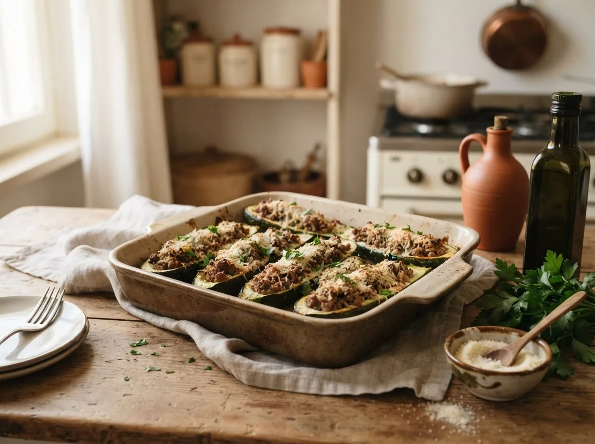 Zucchine tonde ripiene di carne con superficie gratinata